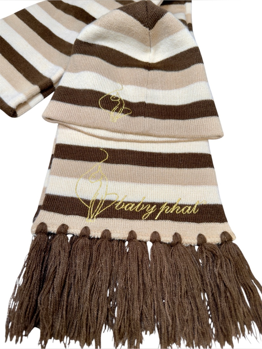 Vintage Y2K Baby Phat Striped Scarf & Beanie hat Set Gold Cat Logo Brown/Tan EUC